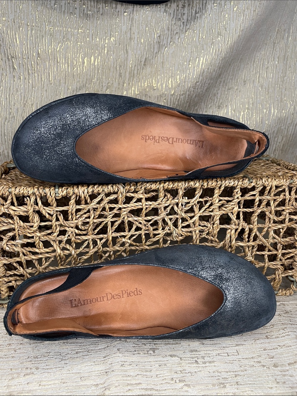 L’Amour Des Pieds Cypris Black Metallic Slingback Flats Sz 6.5